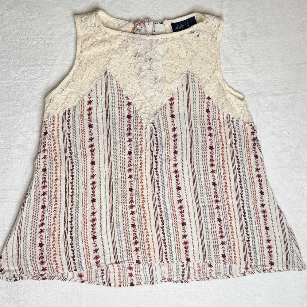 Daytrip Lace‎ Yoke Swing Tank Top L Boho Floral Stripe Rayon Keyhole Ivory